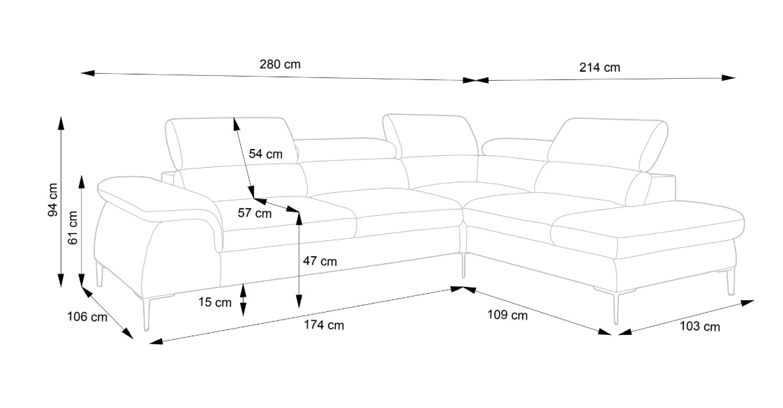 BLLU Narożnik z funkcją spania do salonu gładki z regulowanymi zagłówkami w tkaninie Vogue - zdjęcie produktu